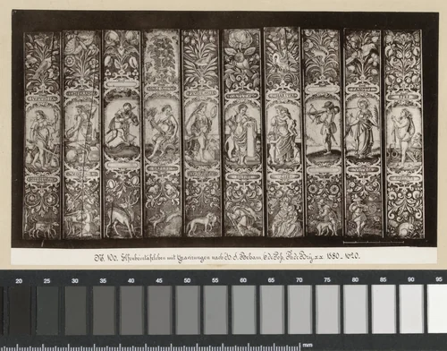 Ivoren tafel met gravures naar Beham, De Poss en De Bry by anonymous, print, 1869-1887