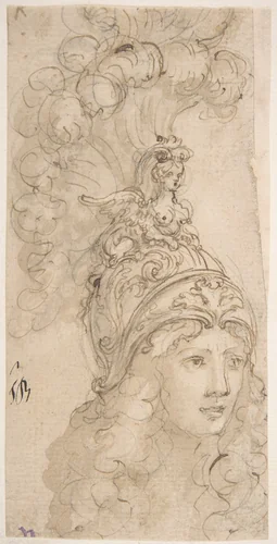 Design for a Helmet with a Sphinx presented in 3/4 View by Giovanni Battista Foggini, drawing, 1652-1725