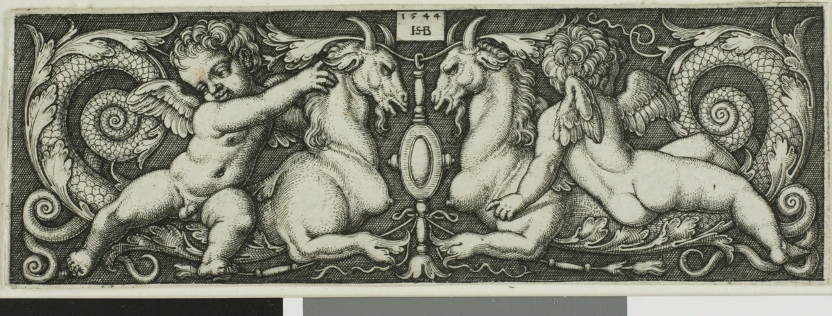 Ornament with Two Genii Riding Chimerical Beasts by Sebald Beham, print, 1544
