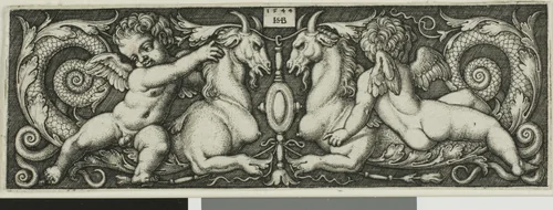 Ornament with Two Genii Riding Chimerical Beasts by Sebald Beham, print, 1544