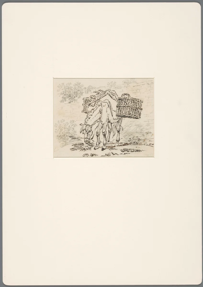 Grazend paard, beladen met twee manden by David de Sandoz-Rollin, drawing, 1750-1809