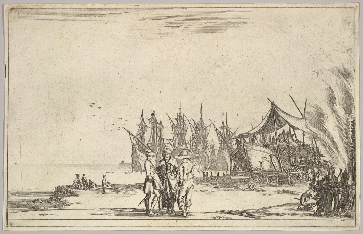Three men wearing hats standing in center, men fixing a ship to right, five ships and various figures in center background, from "Set of eight nautical landscapes" (Suite de huit Marines) by Stefano della Bella, print, 1639