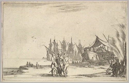 Three men wearing hats standing in center, men fixing a ship to right, five ships and various figures in center background, from "Set of eight nautical landscapes" (Suite de huit Marines) by Stefano della Bella, print, 1639