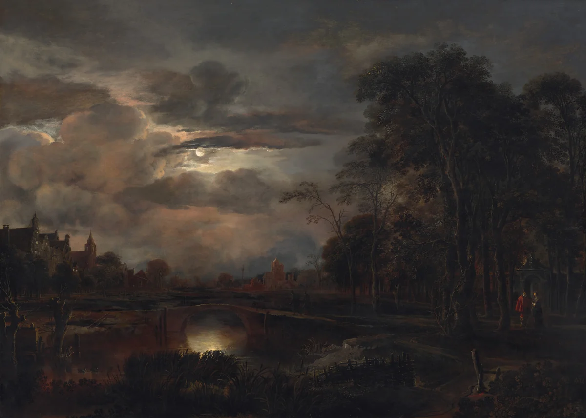 Moonlit Landscape with Bridge by Aert van der Neer, painting, 1648-1650