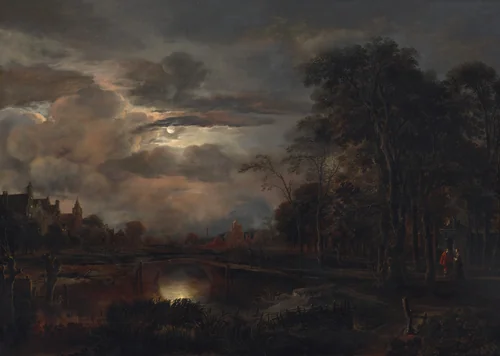 Moonlit Landscape with Bridge by Aert van der Neer, painting, 1648-1650