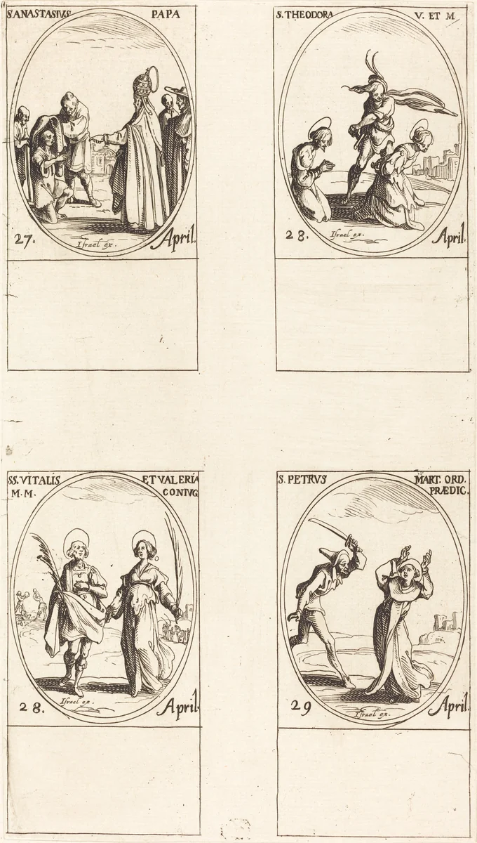 St. Anastasius; St. Theodora; Sts. Vitalis and Valeria; St. Peter Martyr by Jacques Callot, print, 1627-1637