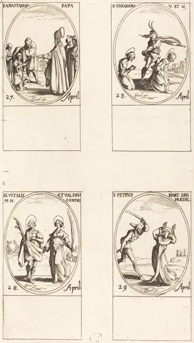 St. Anastasius; St. Theodora; Sts. Vitalis and Valeria; St. Peter Martyr by Jacques Callot, print, 1627-1637