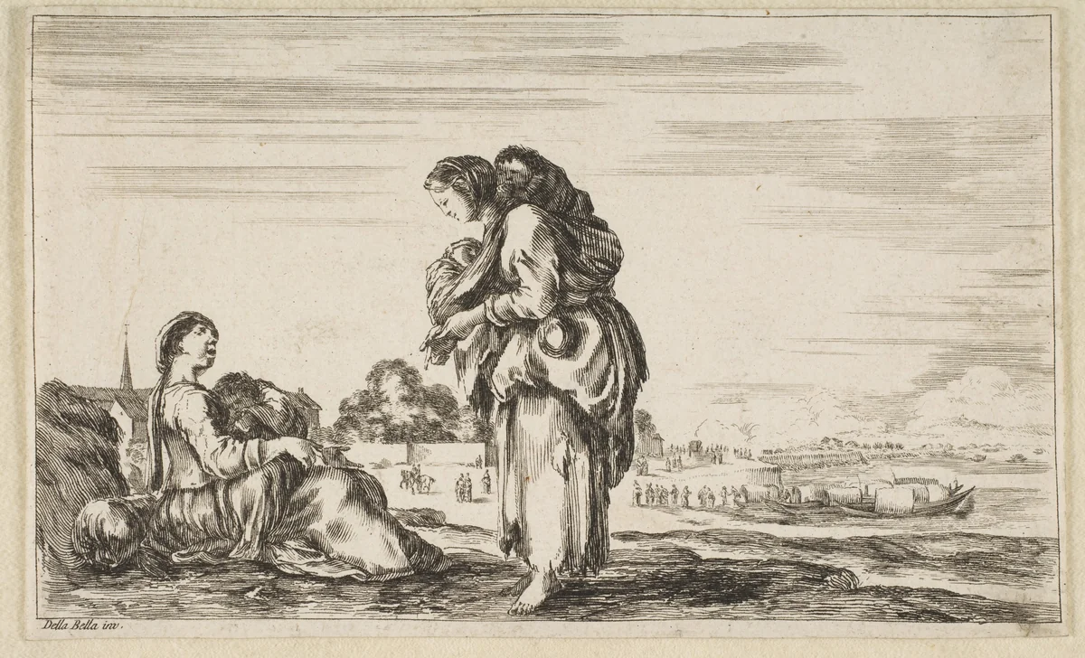 A woman seated to left holding a child, facing right in profile, conversing with a standing woman in center, carrying one child on her back and another in her arms, a church to left in background and boats to right in background, from 'Various figures and lands' (Diverse figure e paesi) by Stefano della Bella, print, 1649