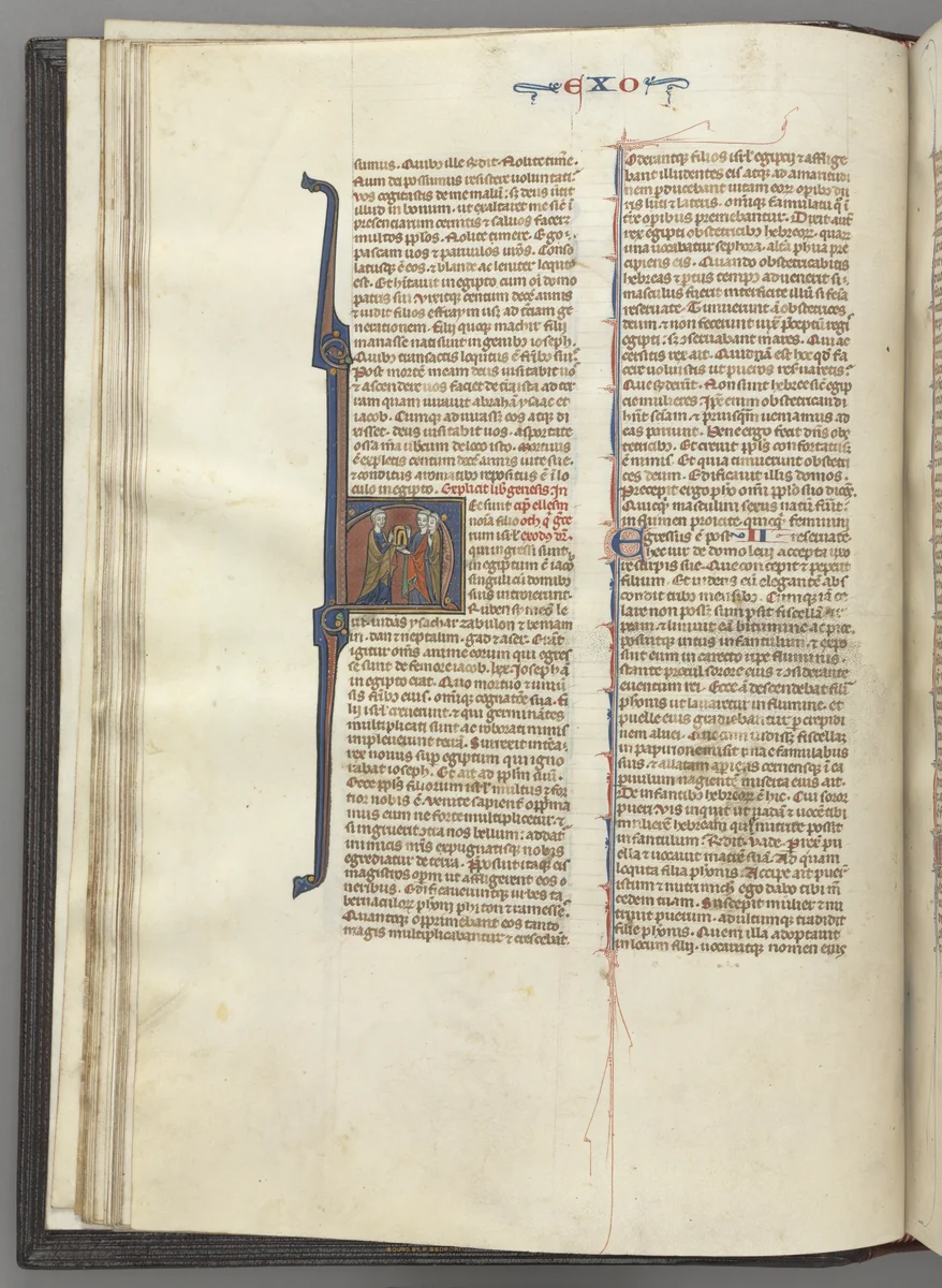 Fol. 20v, Exodus, historiated initial H, Moses and two followers with the tablets of the law by Unknown, book, 1270-1300