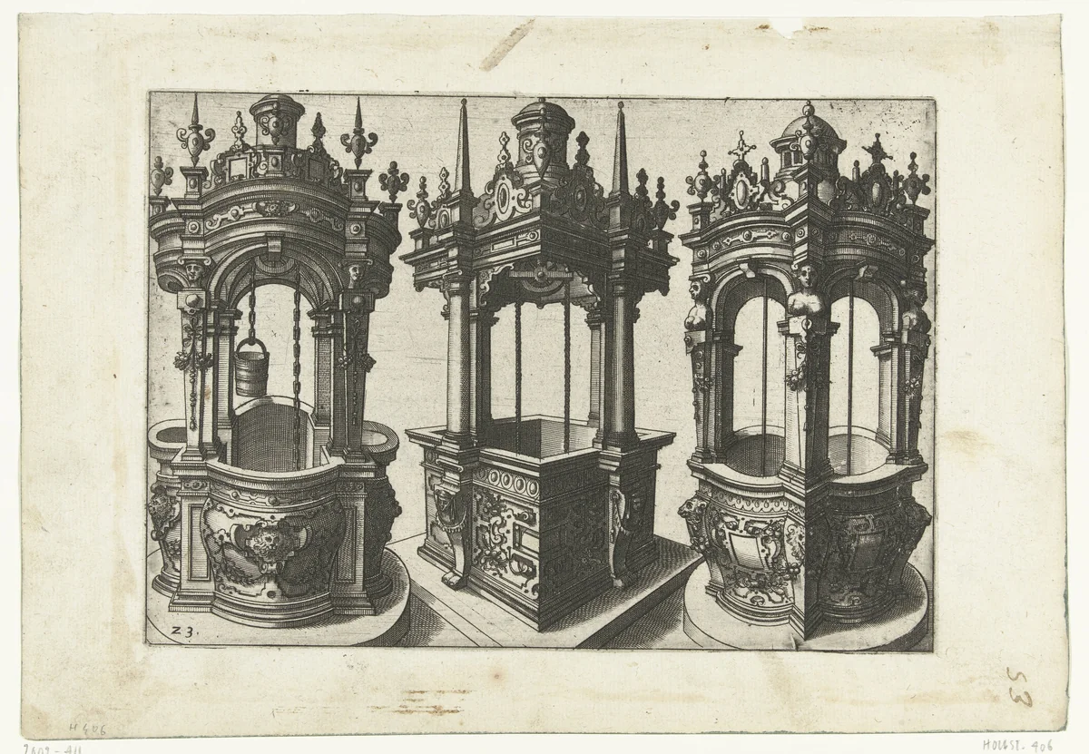 Drie waterputten, één met vier halfrond uitgestulpte zijden by Johannes of Lucas van Doetechum, print, 1574