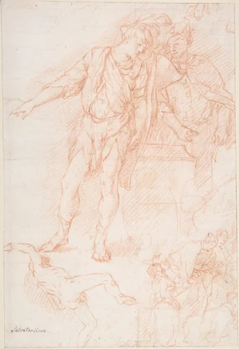 Figure Studies: Men Standing by a Large Vase, a Falling Nude Figure, and Other Figures by Giulio Carpioni, drawing, 1613-1678
