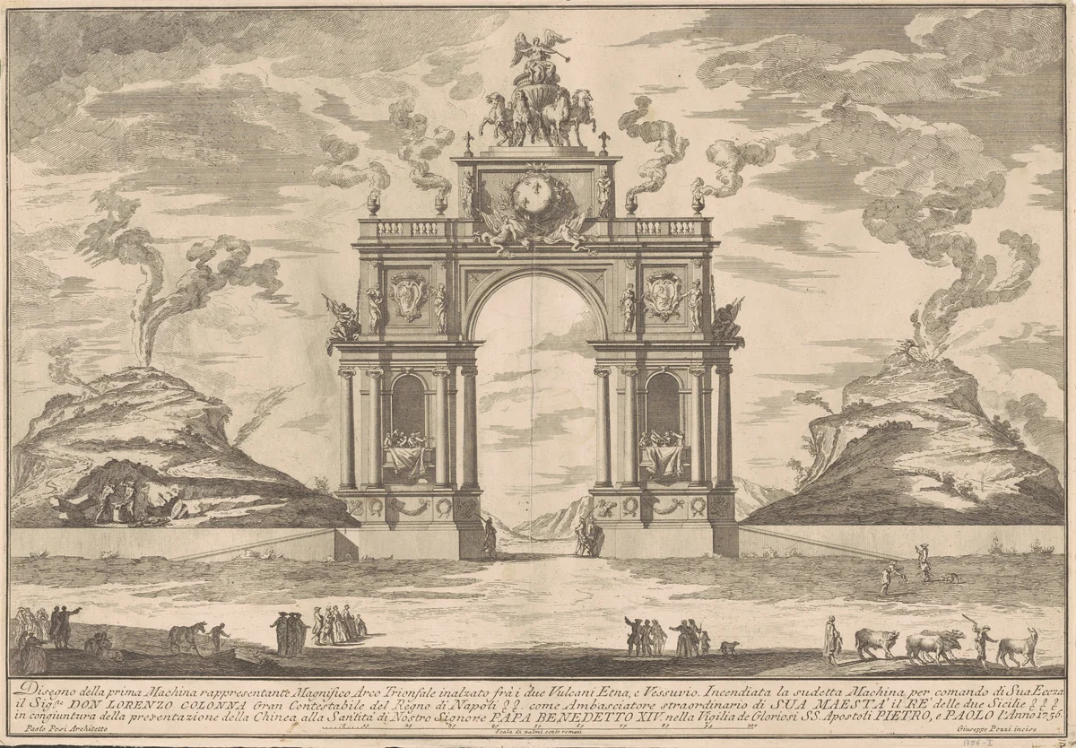 The Prima Macchina for the Chinea of 1756: A Triumphal Arch between Mount Etna and Mount Vesuvius by Giuseppe Pozzi; Paolo Posi, print, 1756