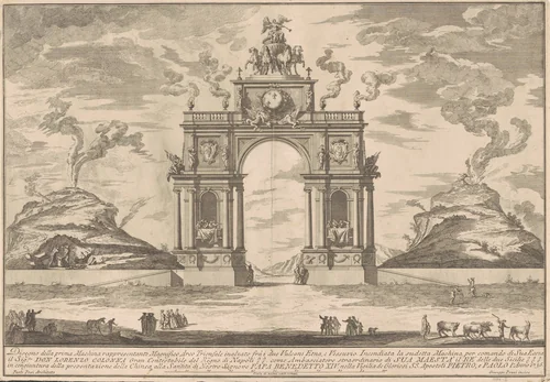 The Prima Macchina for the Chinea of 1756: A Triumphal Arch between Mount Etna and Mount Vesuvius by Giuseppe Pozzi; Paolo Posi, print, 1756