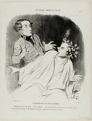 The Inconvenience of Having His Hair Curled. “Oh blast.... look here, watch out... you are burning me.... I am meeting someone, and I want you to make me look good....... but in order to declare my burning passion, I don't need to smell scorched!,” plate 31 from Les Beaux Jours De La Vie by Honoré-Victorin Daumier, print, 1844