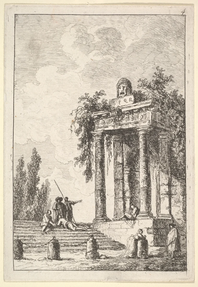 Plate 4: remains of a classical monument to right surmounted by a mask and tablet, a figure sitting on the porch, four figures on a staircase to left, four milestones below, from "Les soirées de Rome" by Hubert Robert, print, 1763