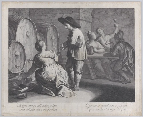 A young man on his knees cleaning pots brought to him by a woman at right by Giovanni Volpato, print, 1760-1770