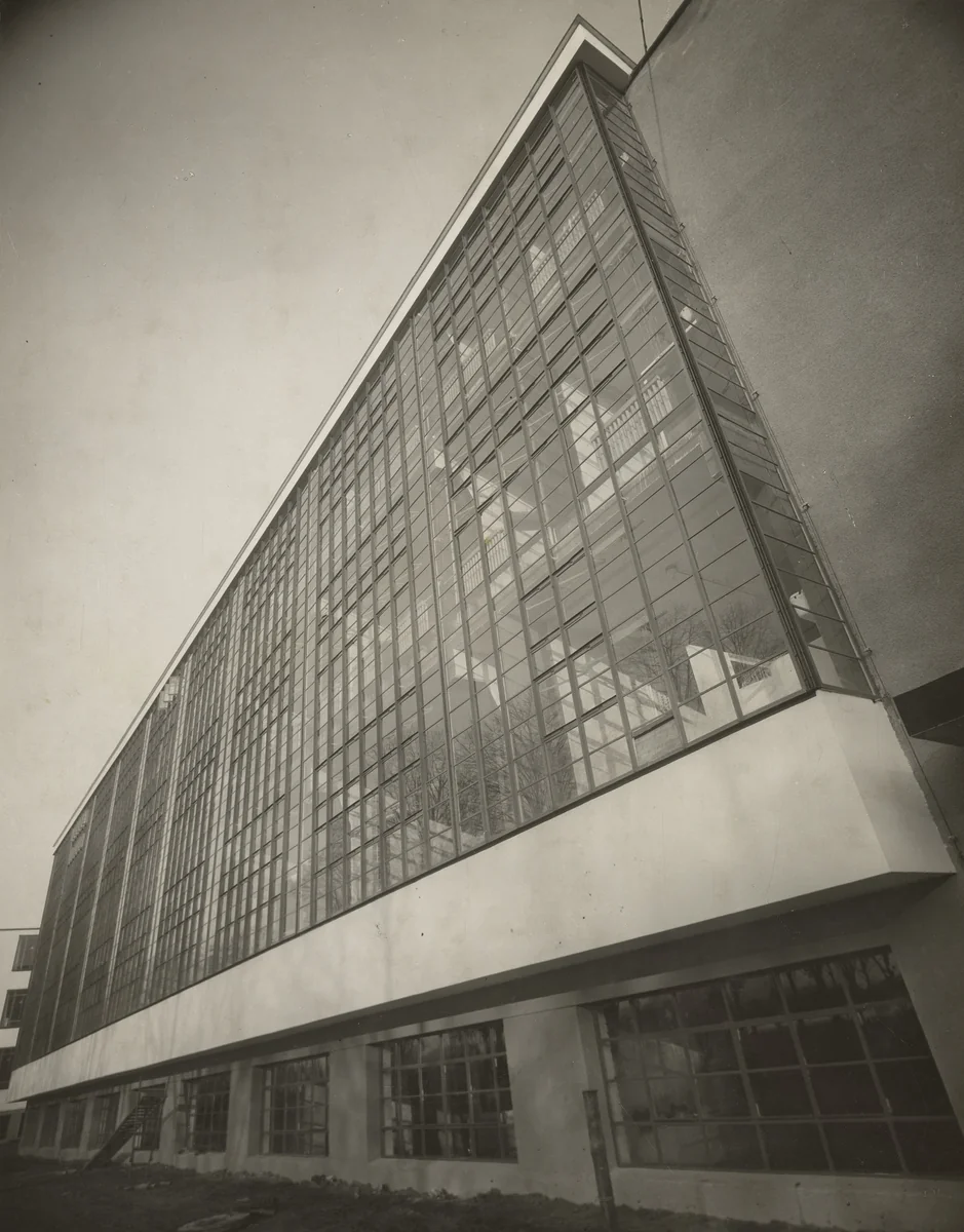 Bauhaus Workshop Building from Below. Oblique View by Lucia Moholy, photograph, 1926
