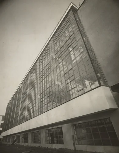 Bauhaus Workshop Building from Below. Oblique View by Lucia Moholy, photograph, 1926