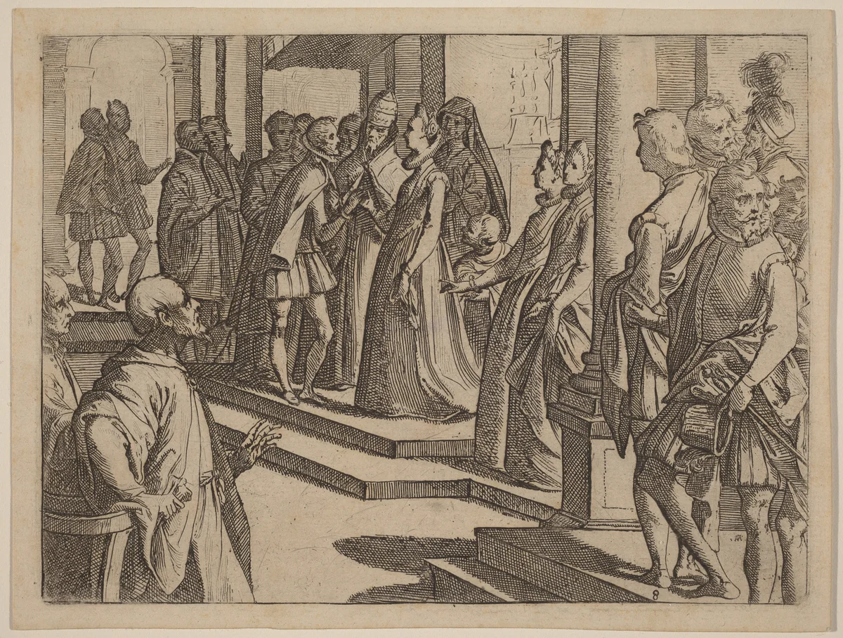 The Betrothal of Margaret of Austria to Philip III, King of Spain by Raffaello Schiaminossi, print, 1612