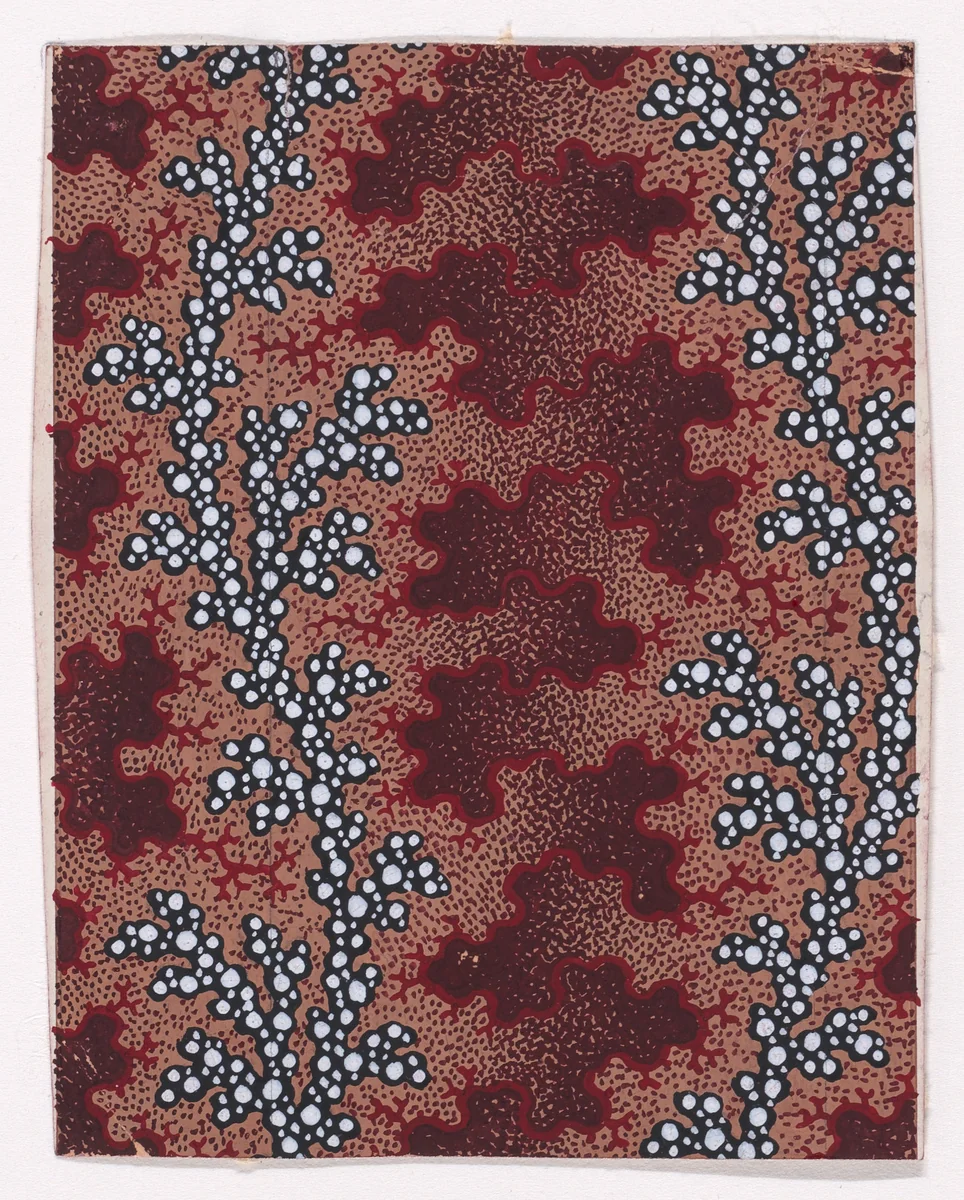 Textile Design with Vertical Undulating Garlands of Pearls Separated by Vertical Strips of Vermicular Pattern over a Stippled Background by anonymous, drawing, 1840