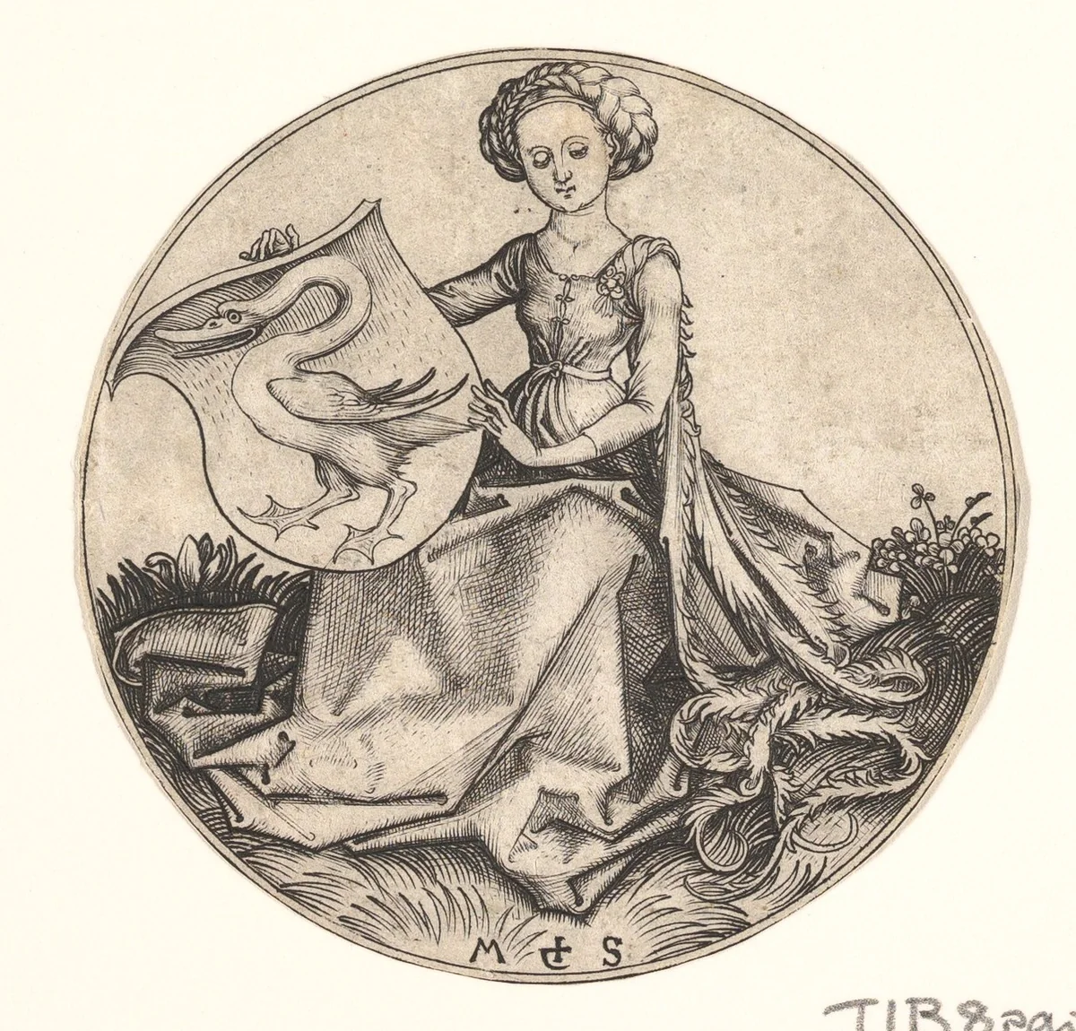 Shield with Swan Held by Woman by Martin Schongauer, print, 1470-1491