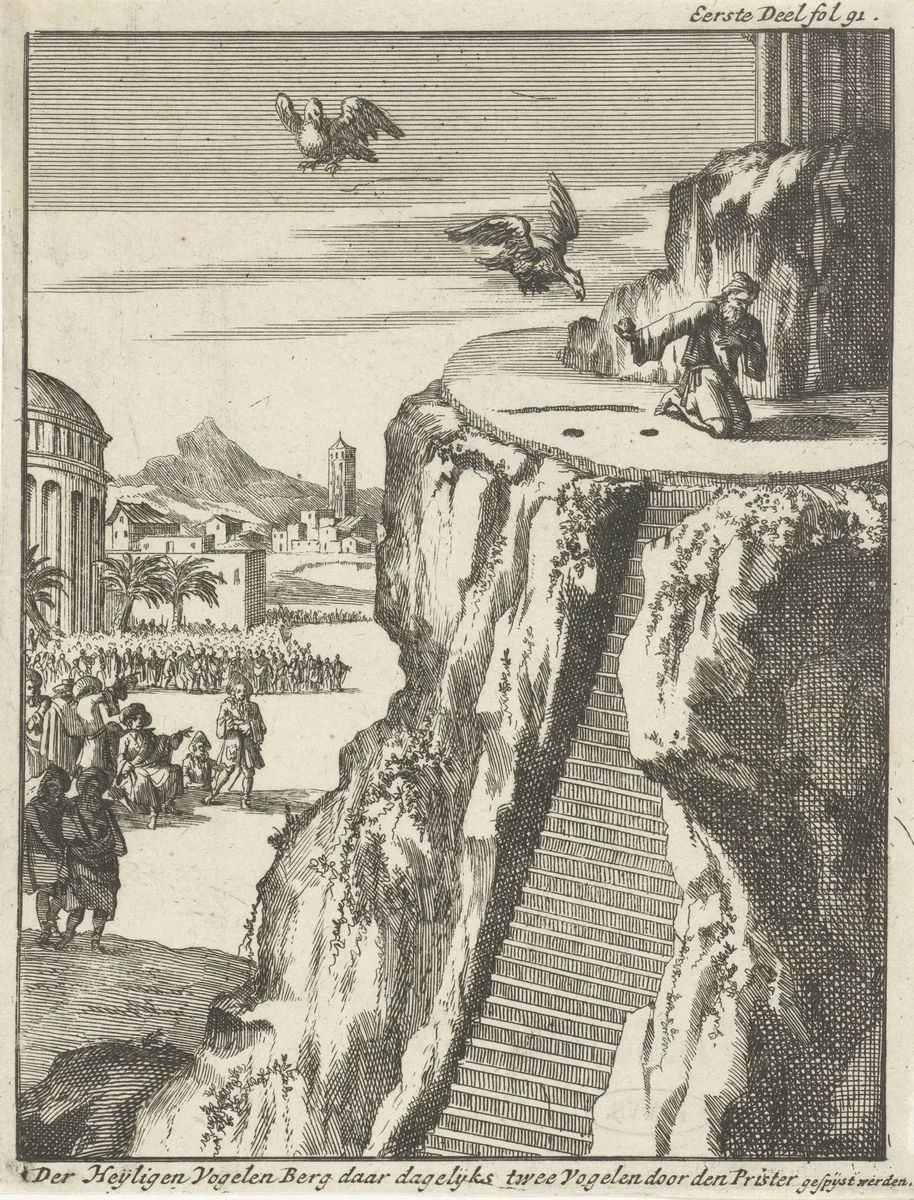 Priester voedt gieren boven op een rots by Jan Luyken, print, 1693