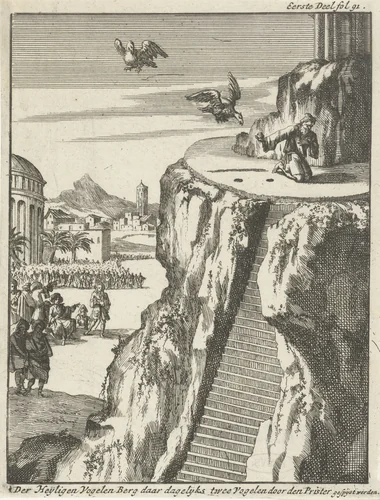 Priester voedt gieren boven op een rots by Jan Luyken, print, 1693