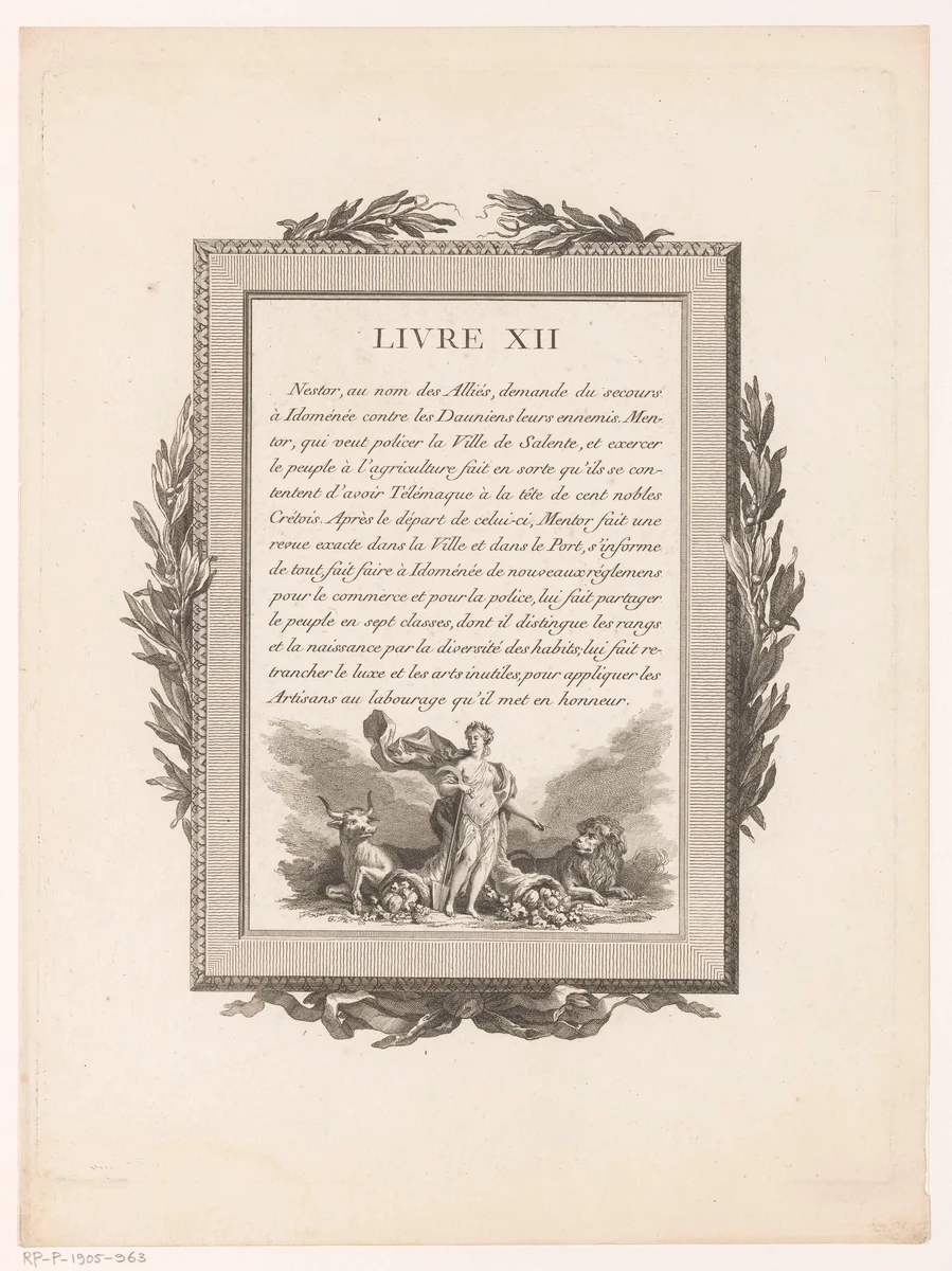 Omkaderde Franse tekst met olijftakken en allegorisch figuur by Jean-Baptiste Tilliard, print, 1785