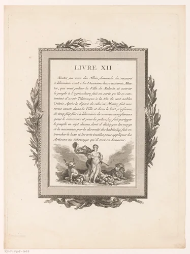 Omkaderde Franse tekst met olijftakken en allegorisch figuur by Jean-Baptiste Tilliard, print, 1785