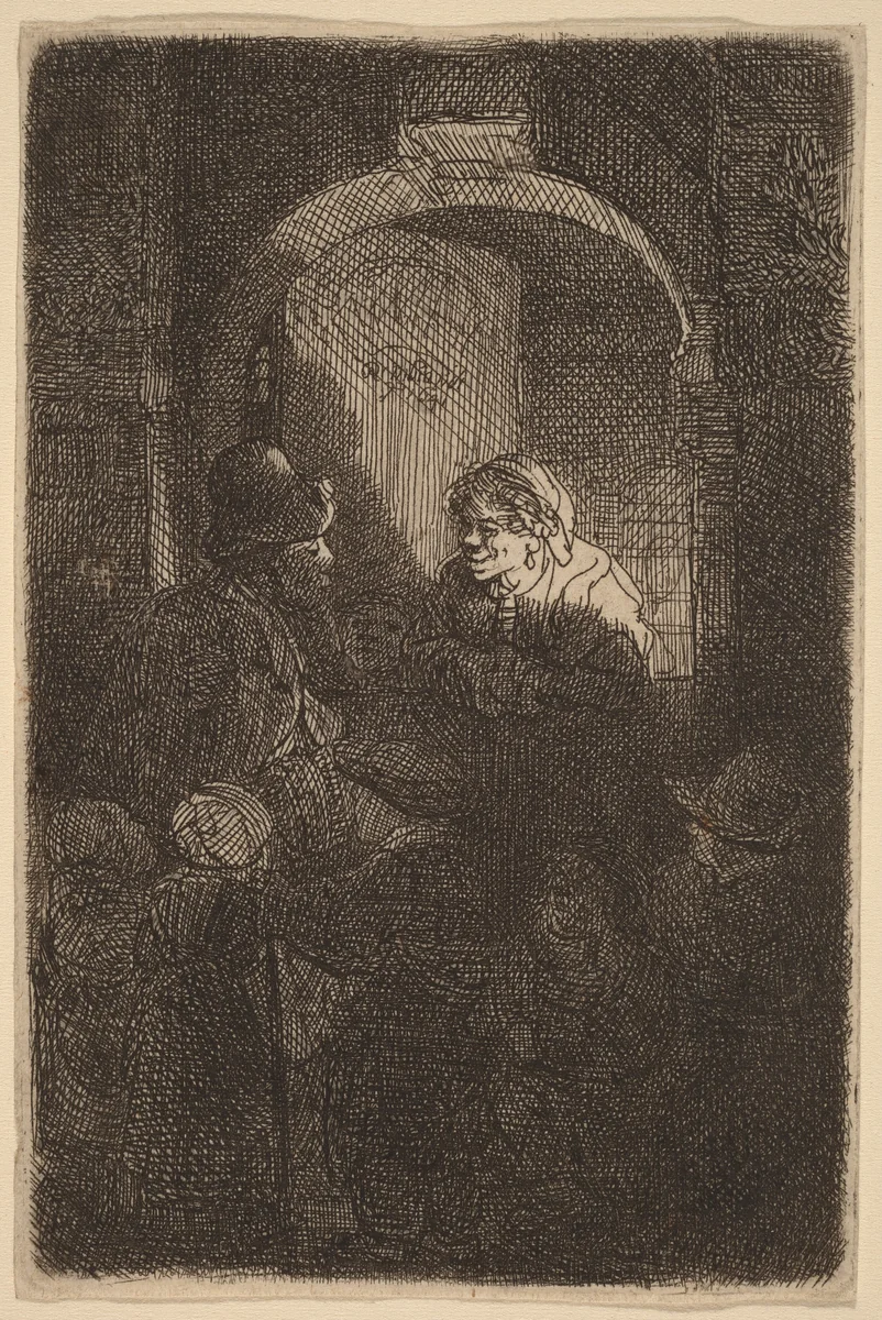 Woman at a Door Hatch Talking to a Man and Children (The Schoolmaster) by Rembrandt van Rijn, print, 1641