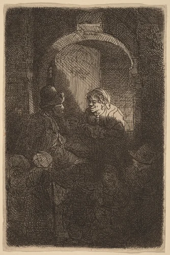Woman at a Door Hatch Talking to a Man and Children (The Schoolmaster) by Rembrandt van Rijn, print, 1641