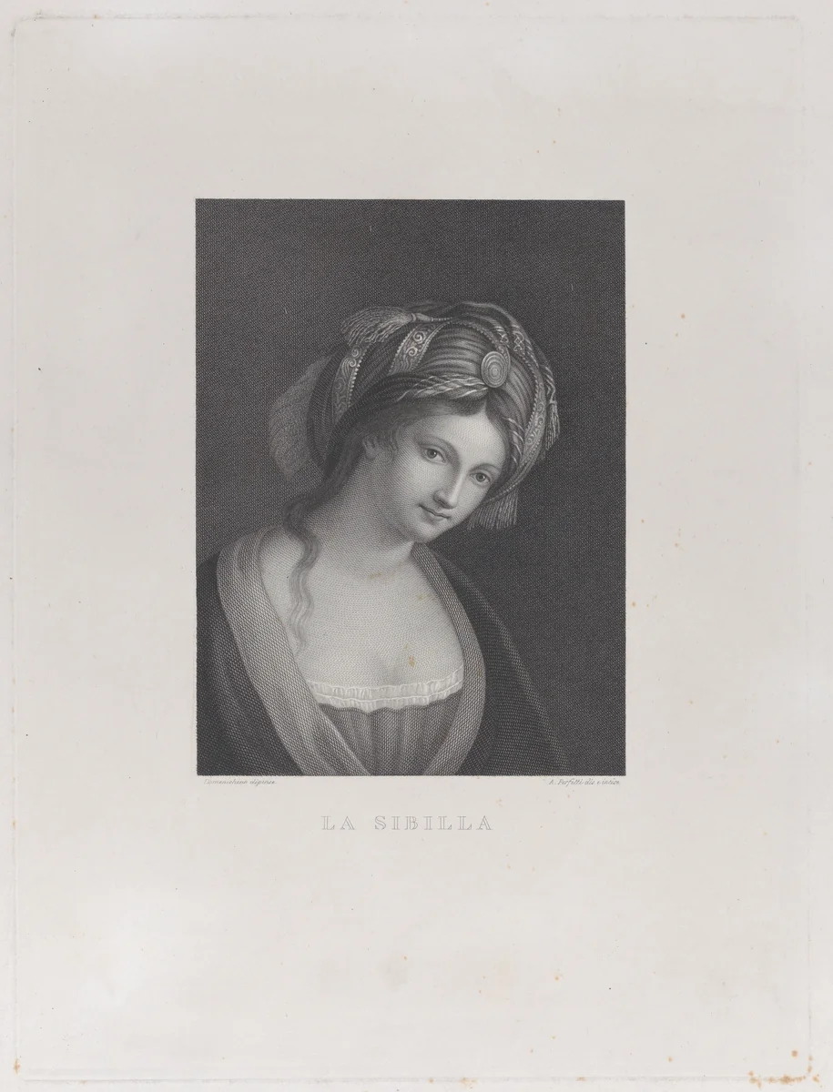 A sibyl, head and shoulders, wearing a turban by Antonio Perfetti, print, 1810-1875