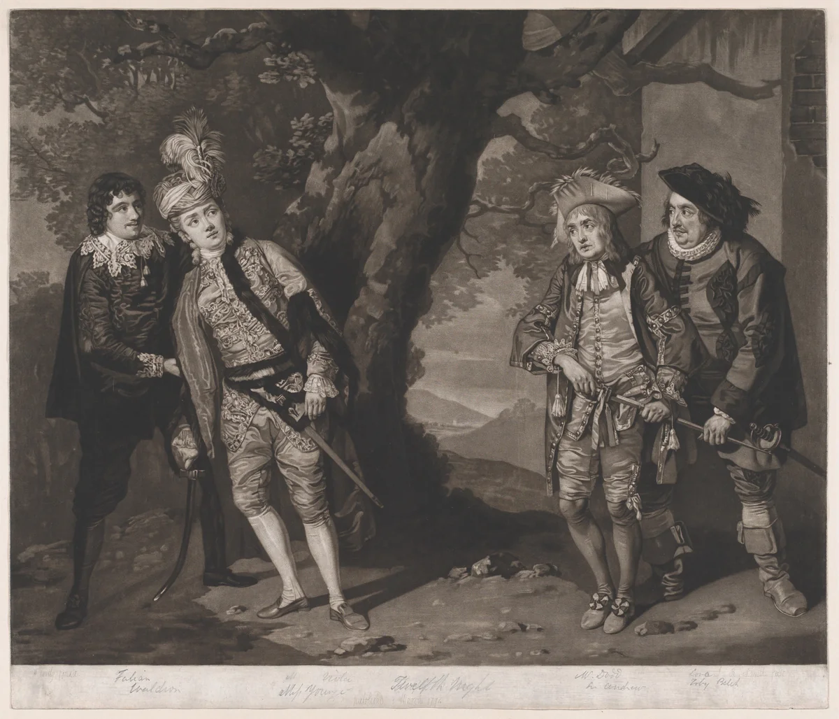 Miss Younge, Mr. Dodd, Mr. Love, and Mr. Waldron, in the Characters of Viola, Sir Andrew Aguecheek, Sir Toby Belch, and Fabian (Shakespeare, Twelfth Night, Act 3, Scene 4) by John Raphael Smith, print, 1774