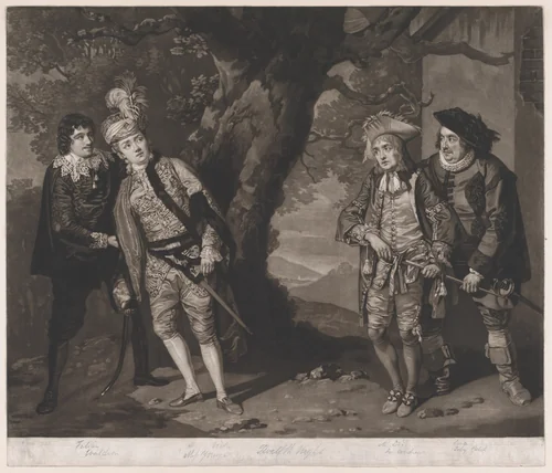 Miss Younge, Mr. Dodd, Mr. Love, and Mr. Waldron, in the Characters of Viola, Sir Andrew Aguecheek, Sir Toby Belch, and Fabian (Shakespeare, Twelfth Night, Act 3, Scene 4) by John Raphael Smith, print, 1774