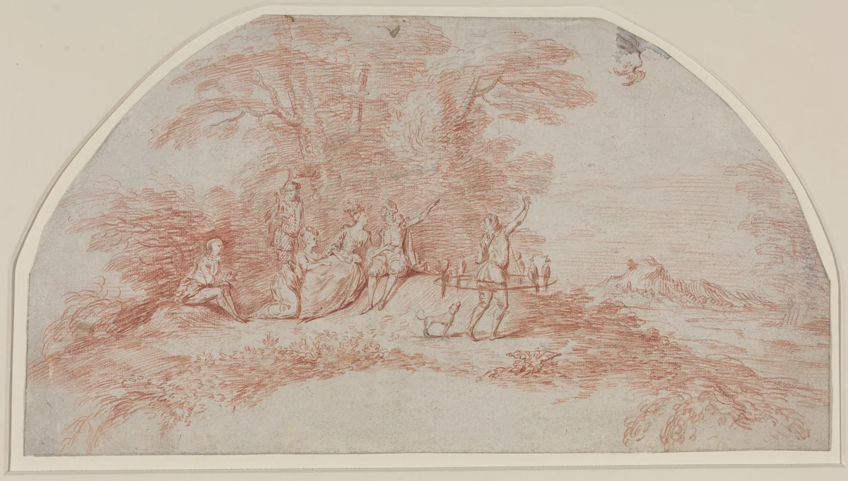 A Fête Galante with Falconers by Antoine Watteau, drawing, 1711-1712