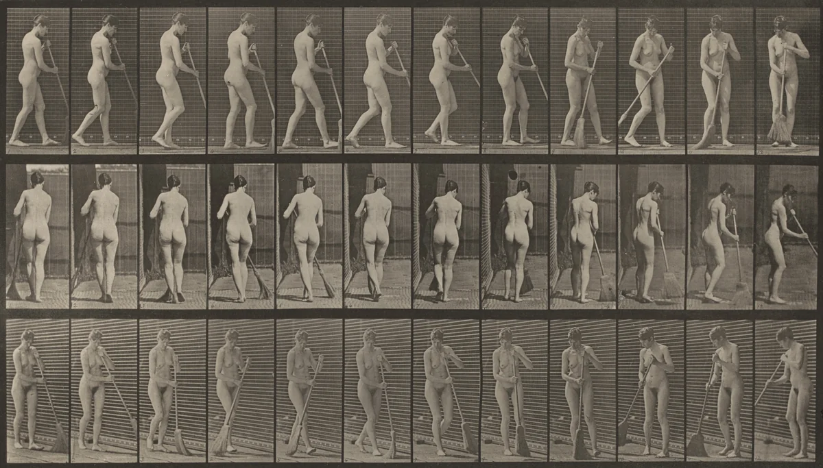 Plate Number 58. Walking, turning around and sweeping the floor by Eadweard Muybridge, photograph, 1887