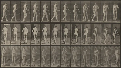 Plate Number 58. Walking, turning around and sweeping the floor by Eadweard Muybridge, photograph, 1887