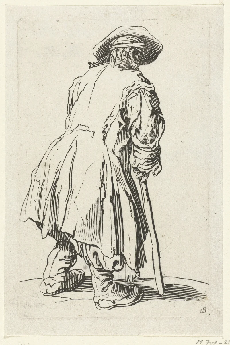 Bedelaar met een stok, op de rug gezien by anonymous, print, 1622-1670