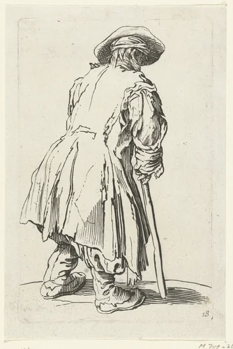 Bedelaar met een stok, op de rug gezien by anonymous, print, 1622-1670