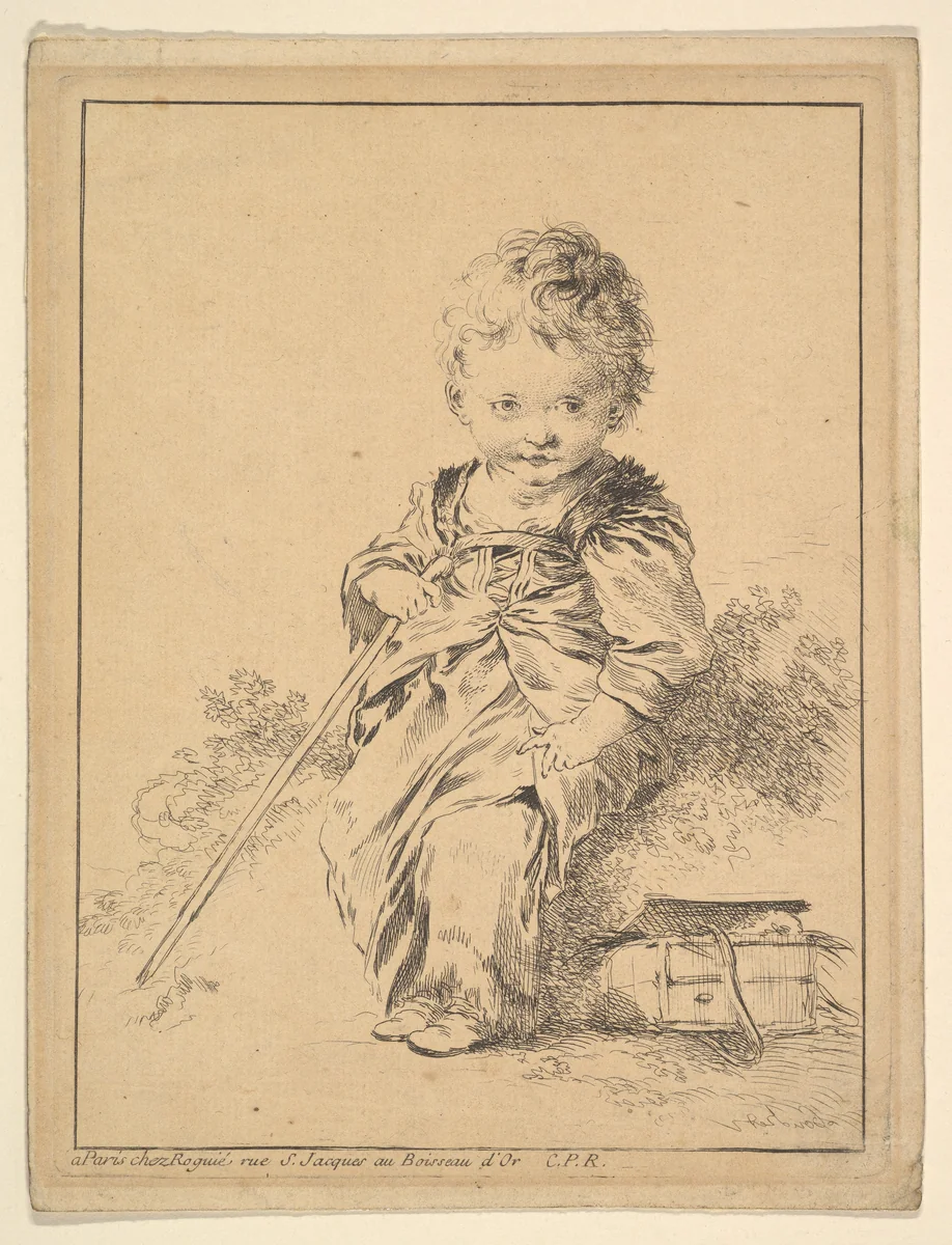 Child Holding Staff by François Boucher, print, 1715-1770