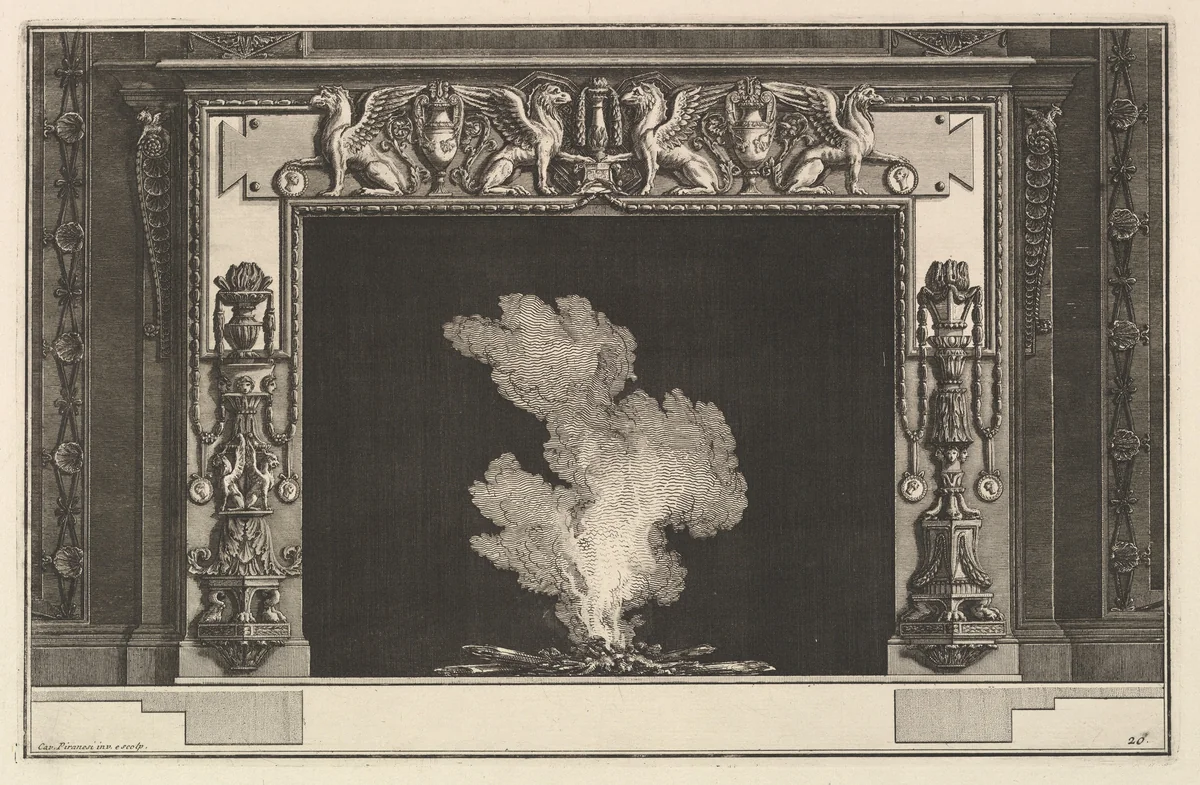 Chimneypiece: Affronted griffons on the lintel and candelabra on the jambs (Ch. accompagnée de son plan et décorée d'une frise de griffons), from Diverse Maniere d'adornare i cammini ed ogni altra parte degli edifizi...(Different Ways of ornamenting chimneypieces and all other parts of houses) by Giovanni Battista Piranesi, print, 1764-1774
