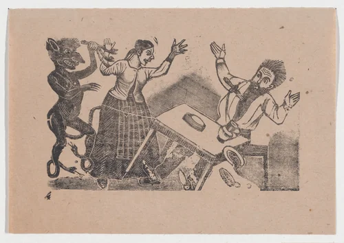 Plate 4: The murder of a man by a knife thrown by a woman by José Guadalupe Posada, print, 1887-1897