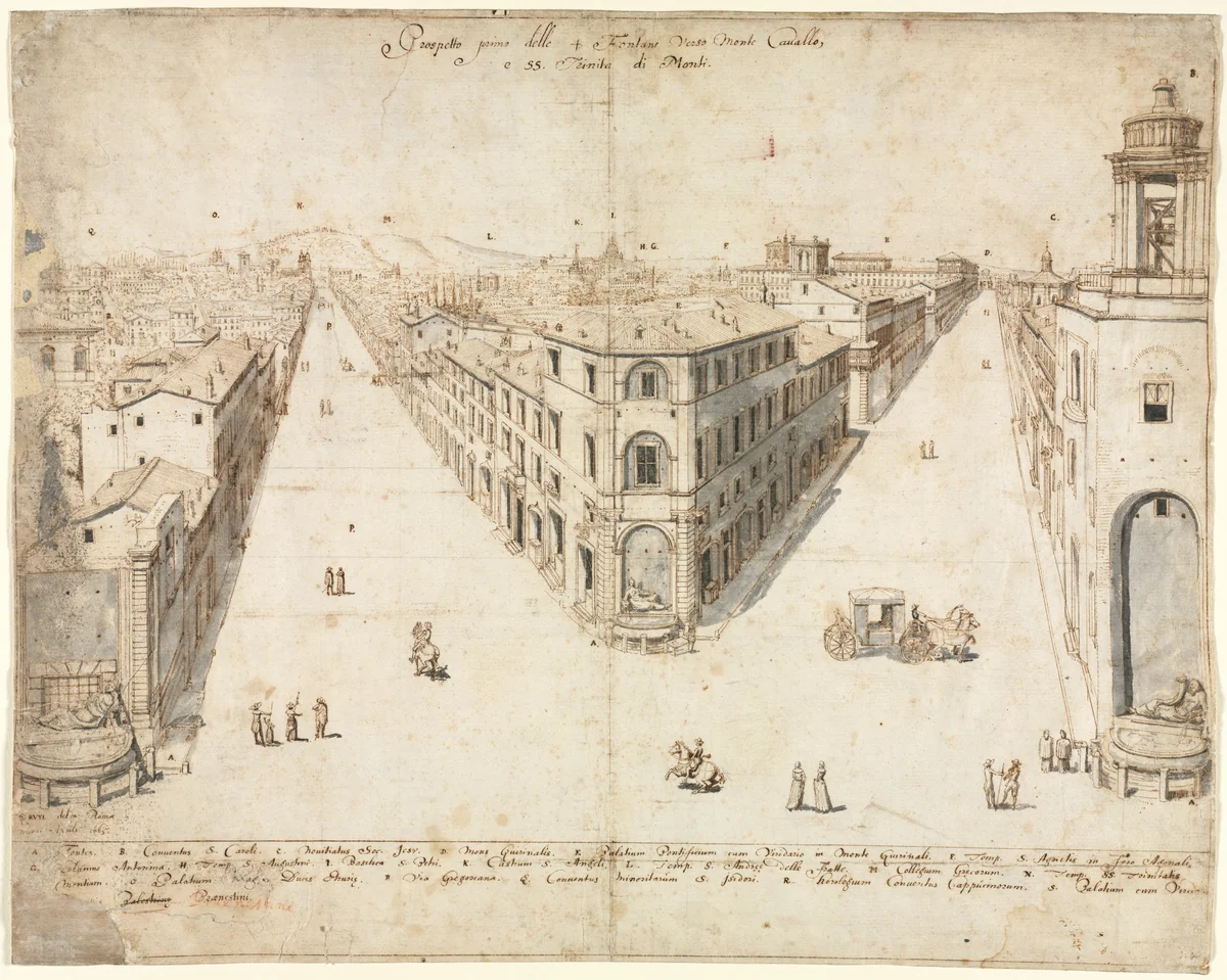 Eighteen Views of Rome: The Quattro Fontane Looking Toward Monte Cavallo by Lievin Cruyl, drawing, 1665
