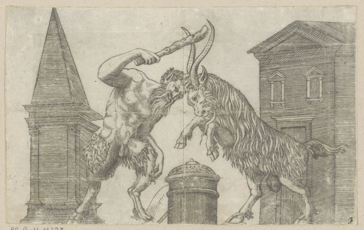 Sater en ram in gevecht by anonymous, print, 1498-1532