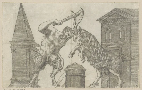 Sater en ram in gevecht by anonymous, print, 1498-1532