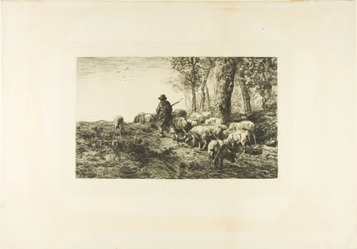 Herd of Pigs with Swineherd by Charles-Émile Jacque, print, 1878