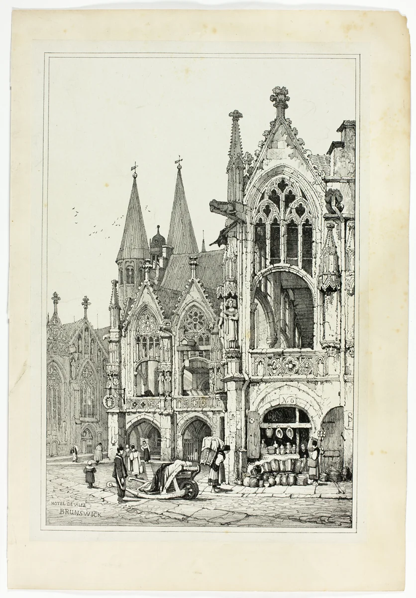 Hotel de Ville, Brunswick, from Facsimiles of Sketches made in Flanders and Germany by Samuel Prout, print, 1833
