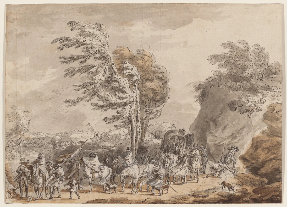 Soldiers in a Windy Landscape by Jean-Baptiste Le Paon, drawing, 1770-1779