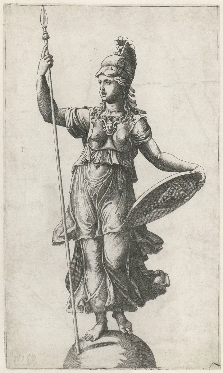 Minerva (Pallas Athena) in wapenrusting staand op globe by Marcantonio Raimondi, print, 1520-1527