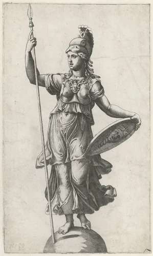 Minerva (Pallas Athena) in wapenrusting staand op globe by Marcantonio Raimondi, print, 1520-1527
